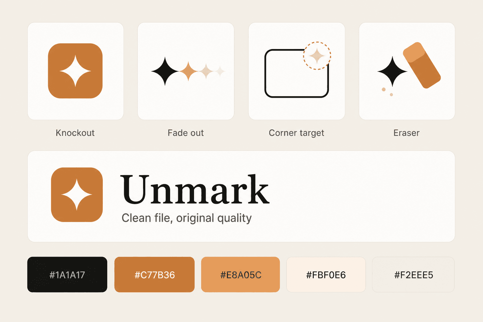 Unmark logo concepts: Knockout, Fade out, Corner target, Eraser, wordmark, and palette